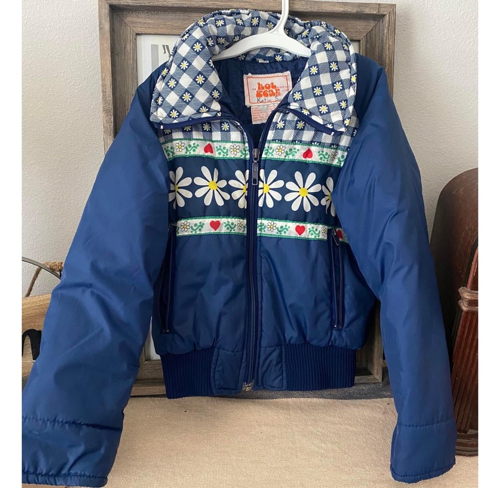 Vintage 70s 80s Hot Gear Jacket Girls Size 7 Blue Daisy Winter Coat Kids jacket